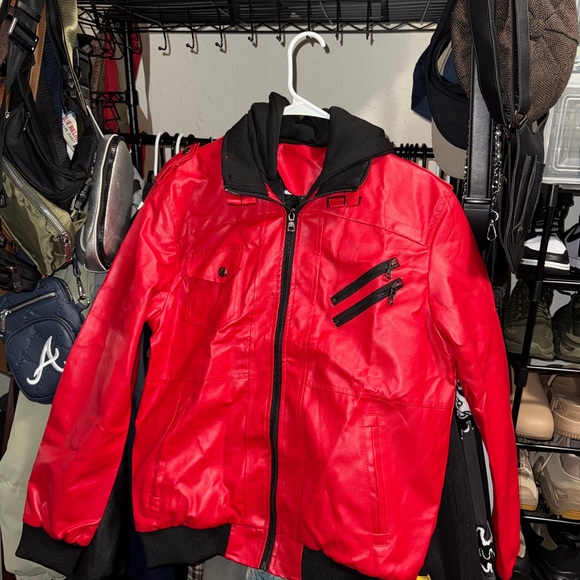 Men's Red Leather Jacket with Hood - Picture 3 of 7